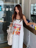 韩国chic夏季 复古慵懒风卡通图案印花设计感宽松撞色吊带连衣裙女