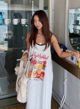 卡通图案印花设计宽松吊带连衣裙