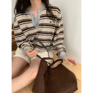 良良家美式复古亨利领条纹针织衫女秋冬新款宽松显瘦休闲套头毛衣