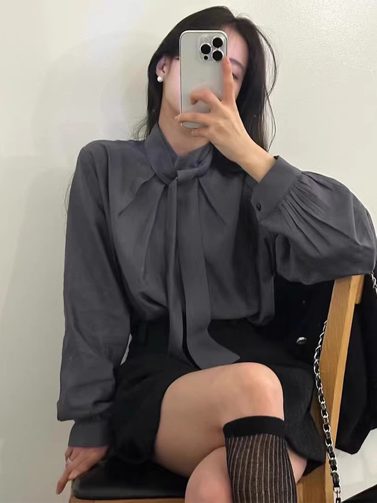 飘带设计压褶宽松百搭长袖衬衫
