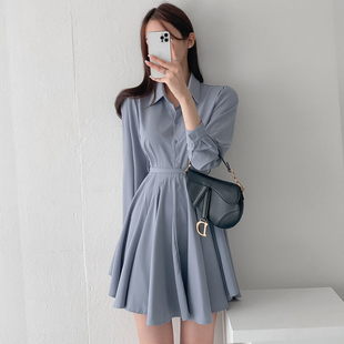 韩国chic春季 小个子百褶连衣裙短裙女 气质翻领单排扣系带收腰长袖