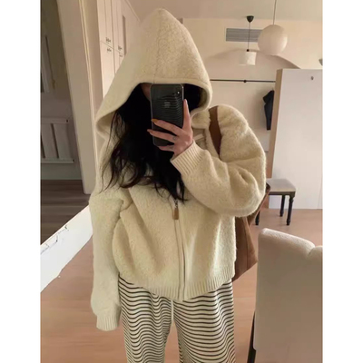 高级感软糯连帽羊羔毛针织外套