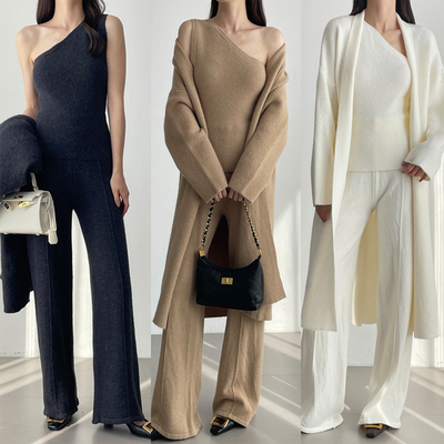 斜肩针织背心+毛衣外套+长裤