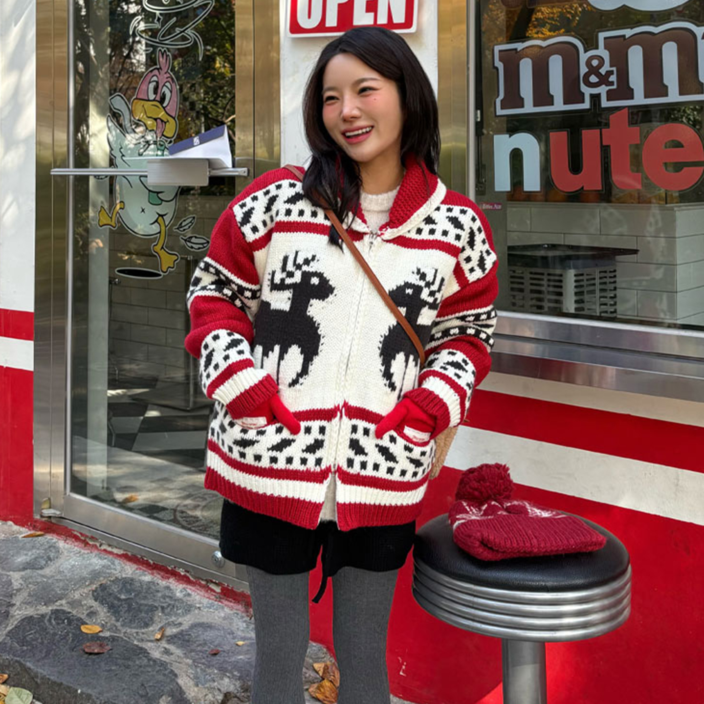 圣诞麋鹿提花手工粗线毛衣外套