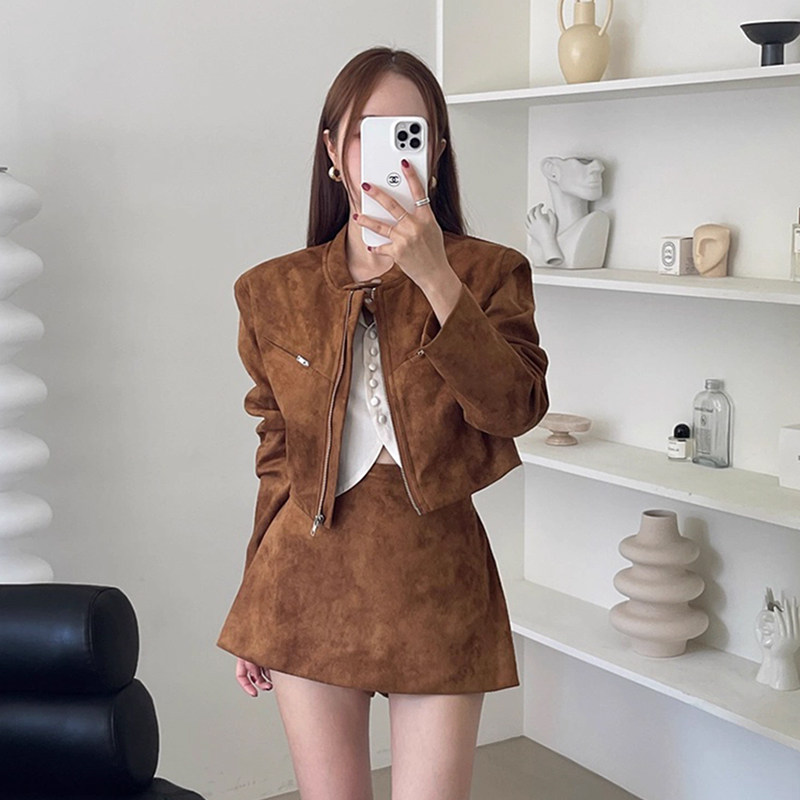韩国chic秋季新款复古美拉德立领短款夹克外套女+高腰A字半身裙子,女装/女士精品,时尚套装,淘宝优惠券,粉丝福利购,淘宝优惠卷