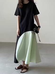 韩国chic夏季 连衣裙女 小众设计感圆领宽松休闲撞色拼接不规则短袖