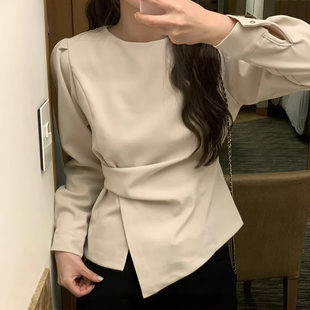 韩国chic春季法式气质圆领系带收腰百搭显瘦长袖不规则衬衫上衣女
