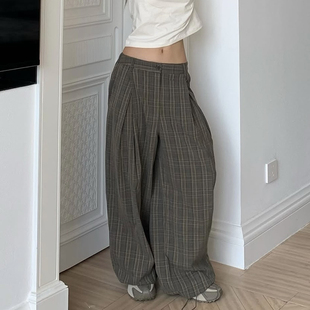格子长裤 复古慵懒风压褶撞色高腰宽松休闲裤 子女 新款 韩国chic秋季