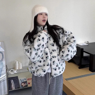 减龄气质立领夹棉碎花棉服卫衣外套女2025冬季 百搭羊羔毛棉衣 新款