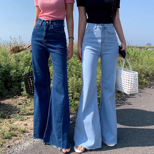 韩国chic夏季法式复古高腰显瘦修身百搭显腿长喇叭裤牛仔裤长裤女