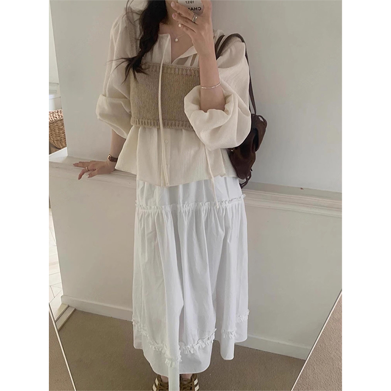 褶皱衬衫针织裹胸半身裙三件套