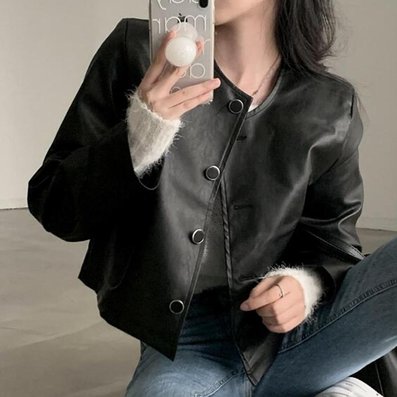 韩国chic春季复古帅气圆领宽松休闲百搭长袖PU皮机车服皮衣外套女,女装/女士精品,皮衣,淘宝优惠券,粉丝福利购,淘宝优惠卷