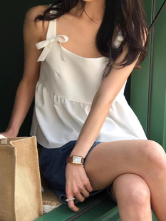 女 饰宽松百搭荷叶边背心吊带衫 韩国chic夏季 小众减龄方领蝴蝶结装