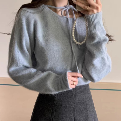 挂脖系带宽松百搭软糯针织衫毛衣