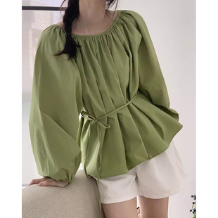 宽松百搭打底衫 法式 上衣 新款 女早春季 纯色圆领系带收腰泡泡袖 衬衫