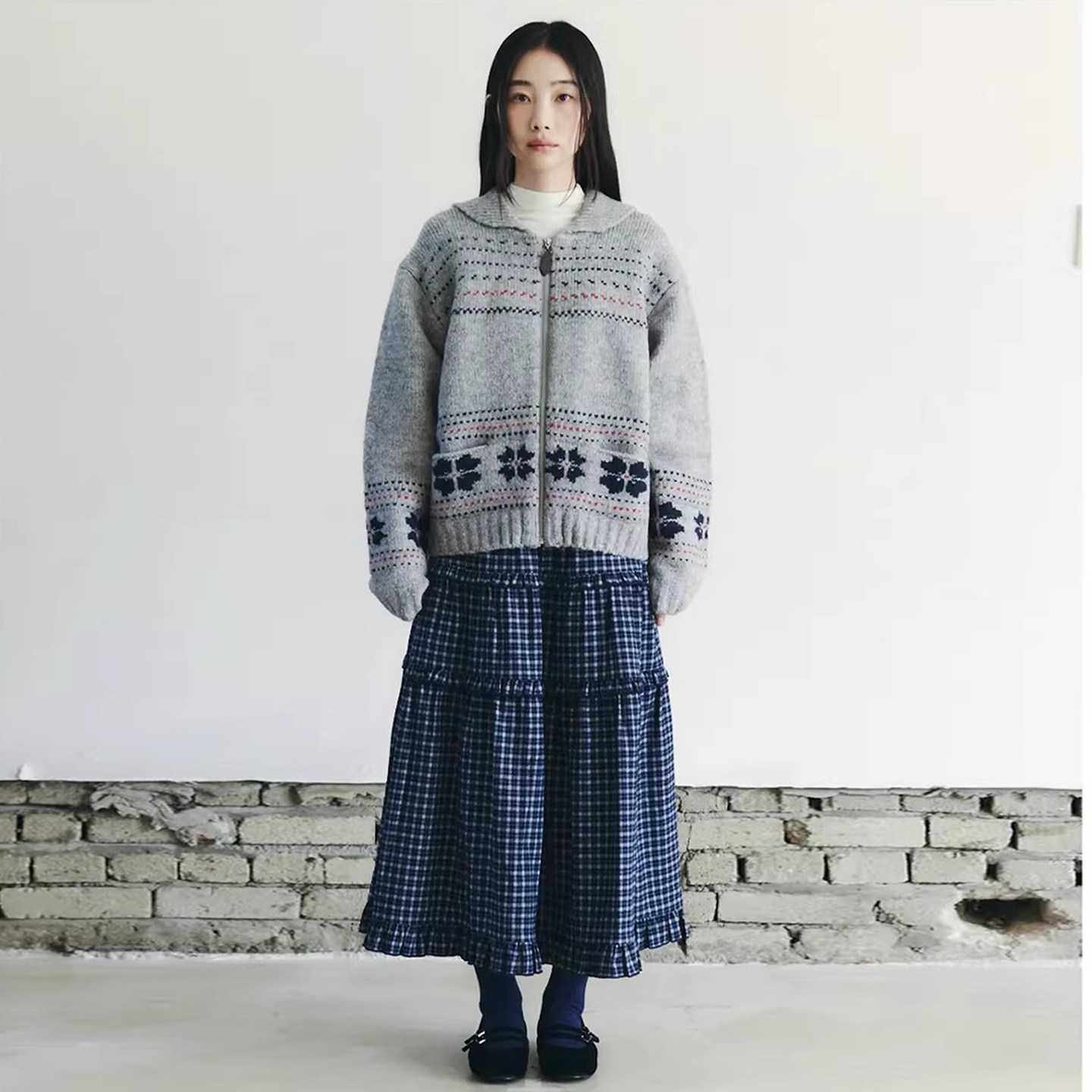 复古格纹木耳褶皱荷叶边高腰半身裙女早春新款宽松百搭直筒裙长裙
