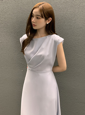 韩国chic夏季优雅气质圆领压褶感收腰显瘦A字无袖背心连衣裙长裙