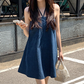 法式 复古挂脖牛仔连衣裙女夏季 小众设计感宽松休闲小个子短裙子