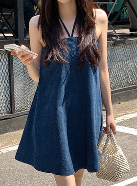 法式复古挂脖牛仔连衣裙女