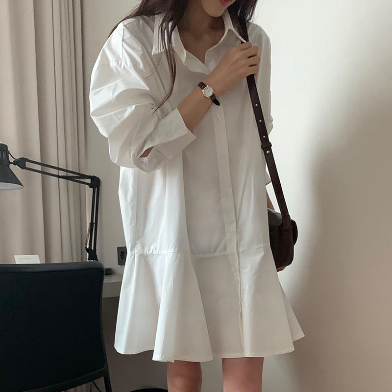 chic翻领单排扣长袖衬衫式连衣裙