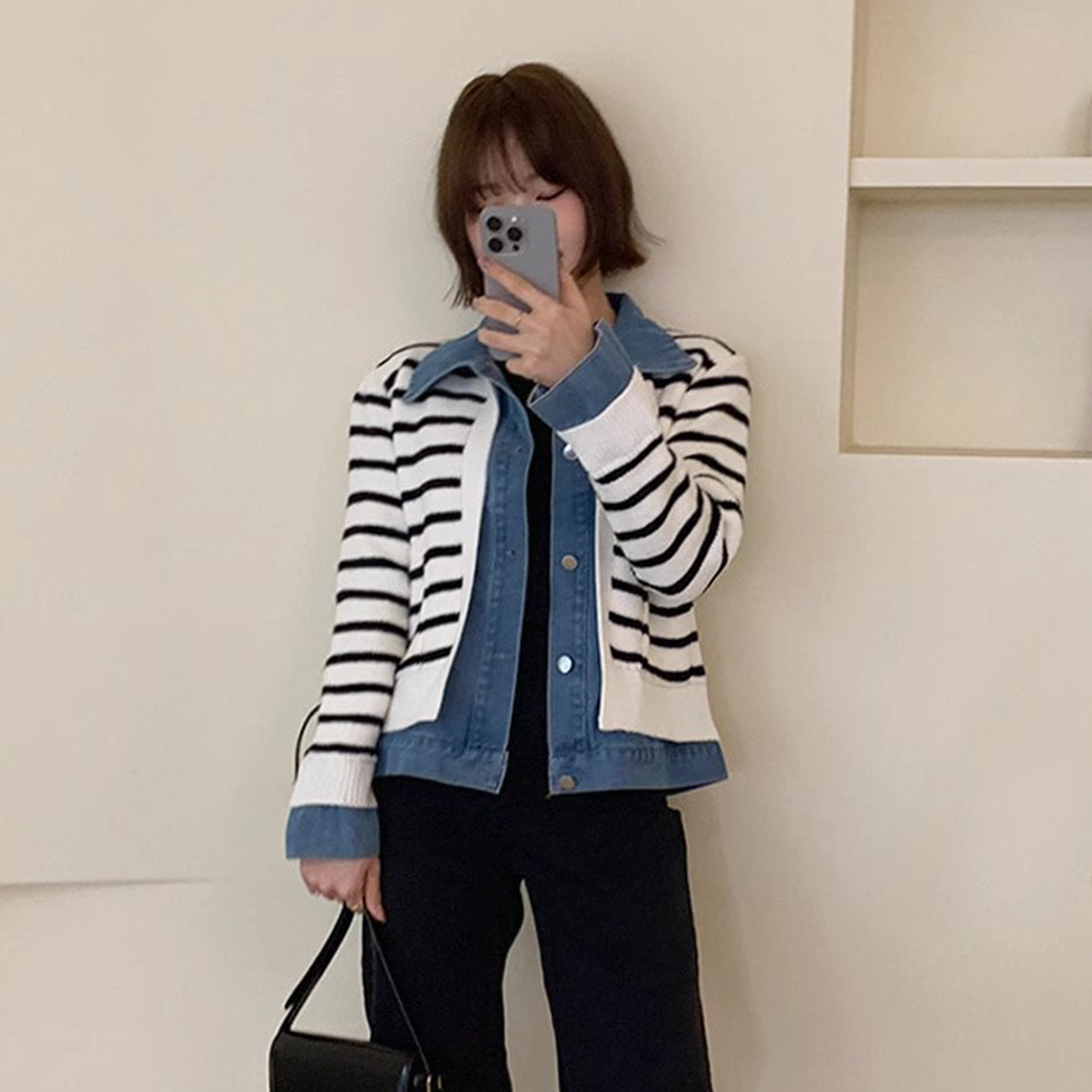 设计感拼接假两件条纹牛仔外套