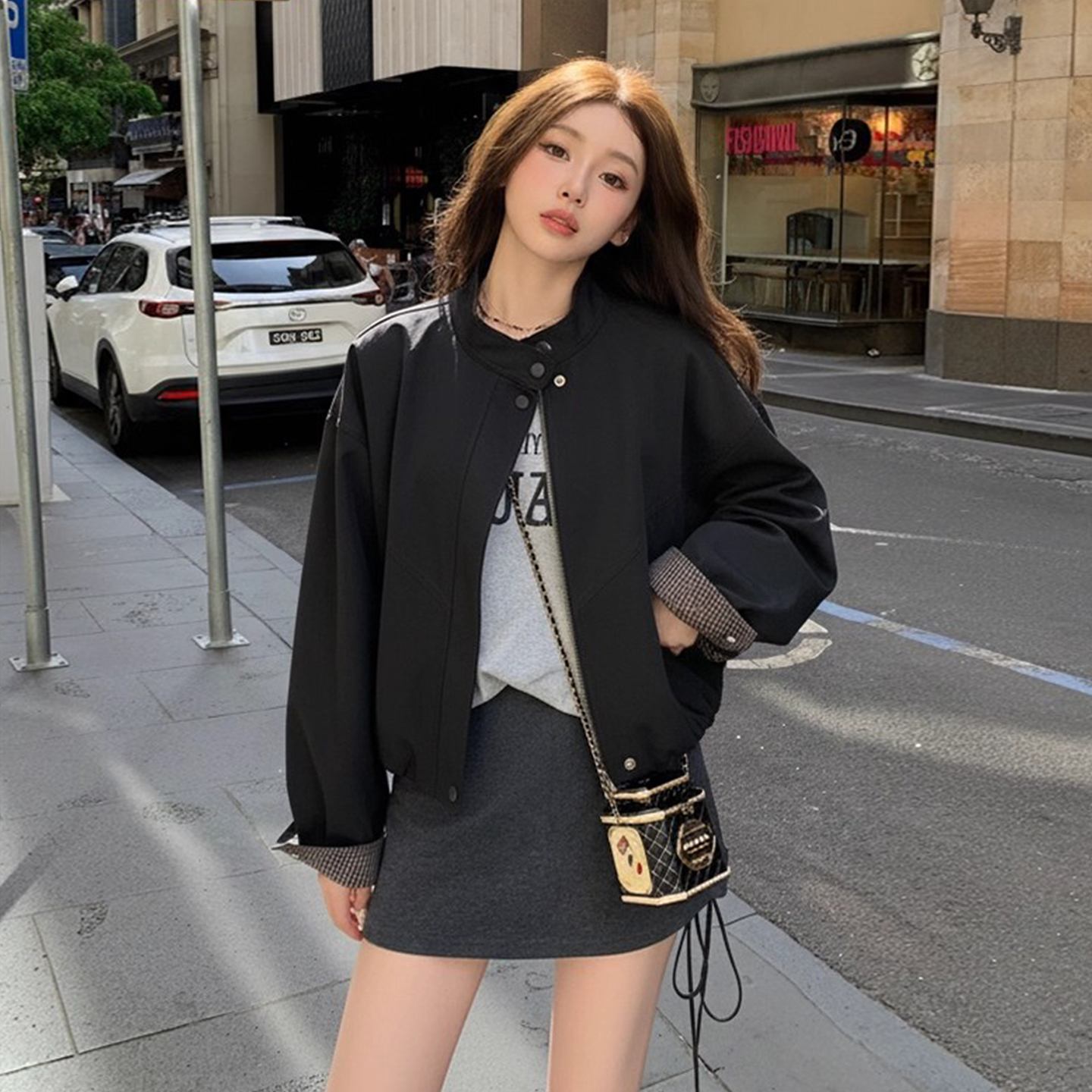 小个子短款拉链皮衣夹克外套