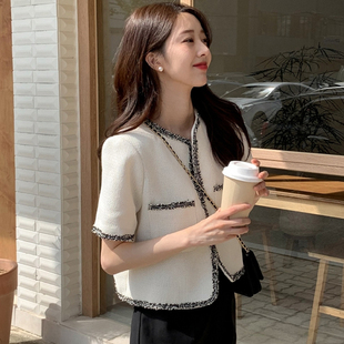 韩国chic夏季 外套女 复古气质圆领撞色镶边设计宽松百搭粗花呢短款