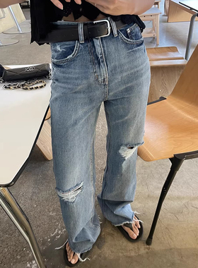 良良家 复古小众水洗破洞可卷边牛仔裤女春季新款高腰直筒休闲裤