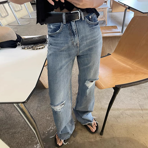 水洗破洞可卷边高腰直筒牛仔裤女