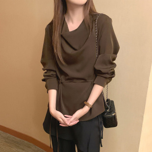 气质宽松显瘦休闲长袖 法式 上衣 女早春季 棕色不规则领口系带衬衫