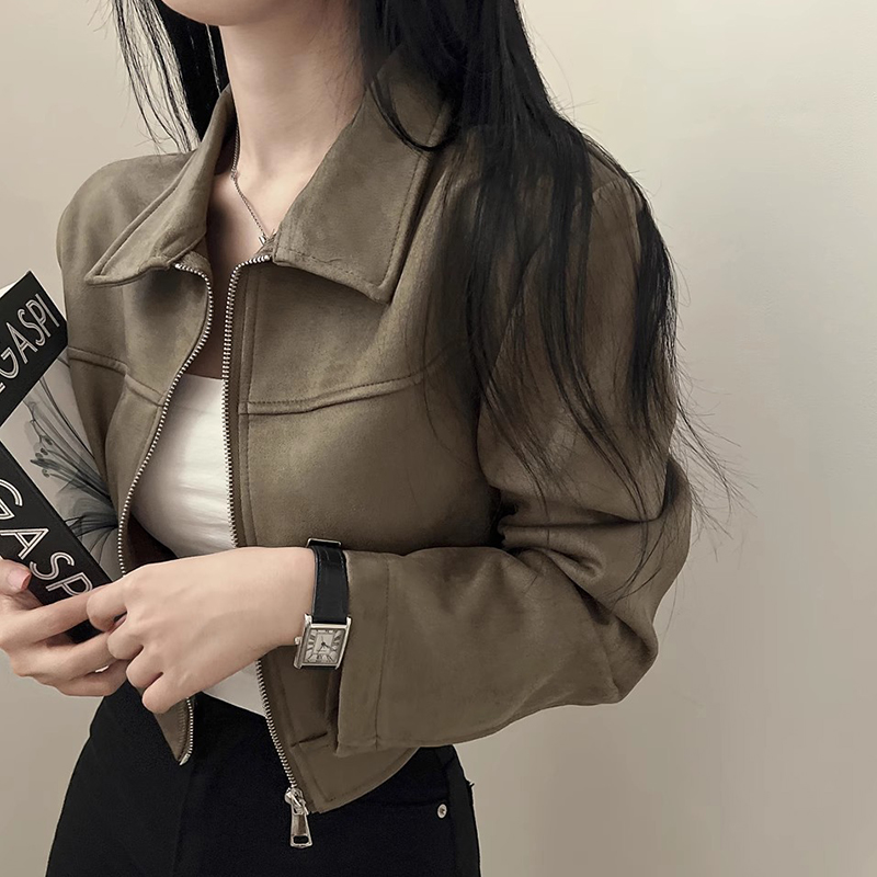 宽松百搭短款长袖皮绒夹克外套