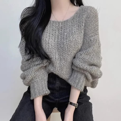 慵懒风圆领百搭灯笼袖粗线针织衫