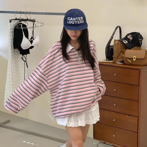 韩国chic秋季新款复古学院风polo领半拉链宽松休闲长袖条纹上衣女 - 封面