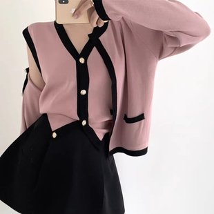 小香风毛衣外套女 撞色长袖 韩国chic秋季 甜美气质单排扣针织背心