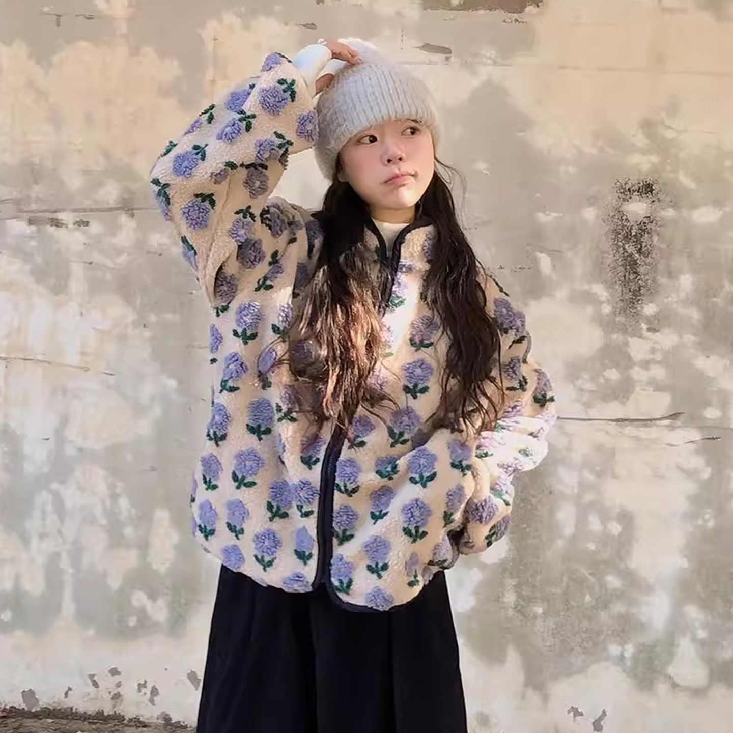 小清新立体花朵撞色百搭羊羔毛外套女2025冬季新款小个子保暖棉衣