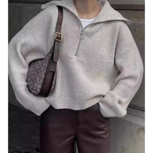 韩国chic秋冬小众慵懒风半拉链坑条宽松休闲长袖 毛衣女 套头针织衫