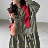 韩国chic秋季 新款 复古洋气重工刺绣花朵拼接荷叶边宽松大摆连衣裙