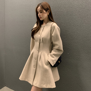 复古圆领压褶收腰显瘦长袖 A字小个子外套大衣女 法式 韩国chic秋季