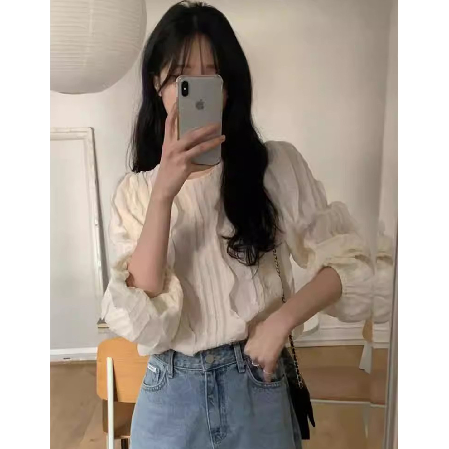 甜美减龄立体蕾丝花边长袖衬衫女早春新款宽松百搭圆领打底衫上衣