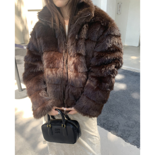 渐变层次感仿水貂毛皮草外套女秋冬复古洋气立领百搭保暖毛毛棉衣