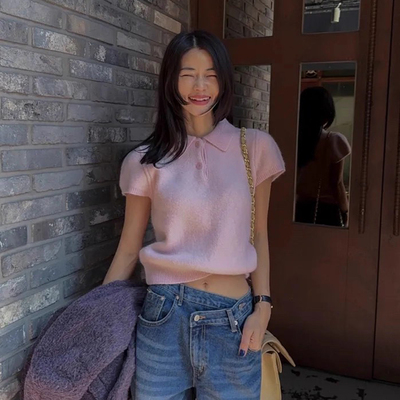 粉色polo领短袖毛衣女
