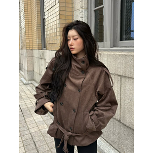 良良家自制鹿皮绒系带风衣外套女秋冬新款复古美拉德短款夹克上衣