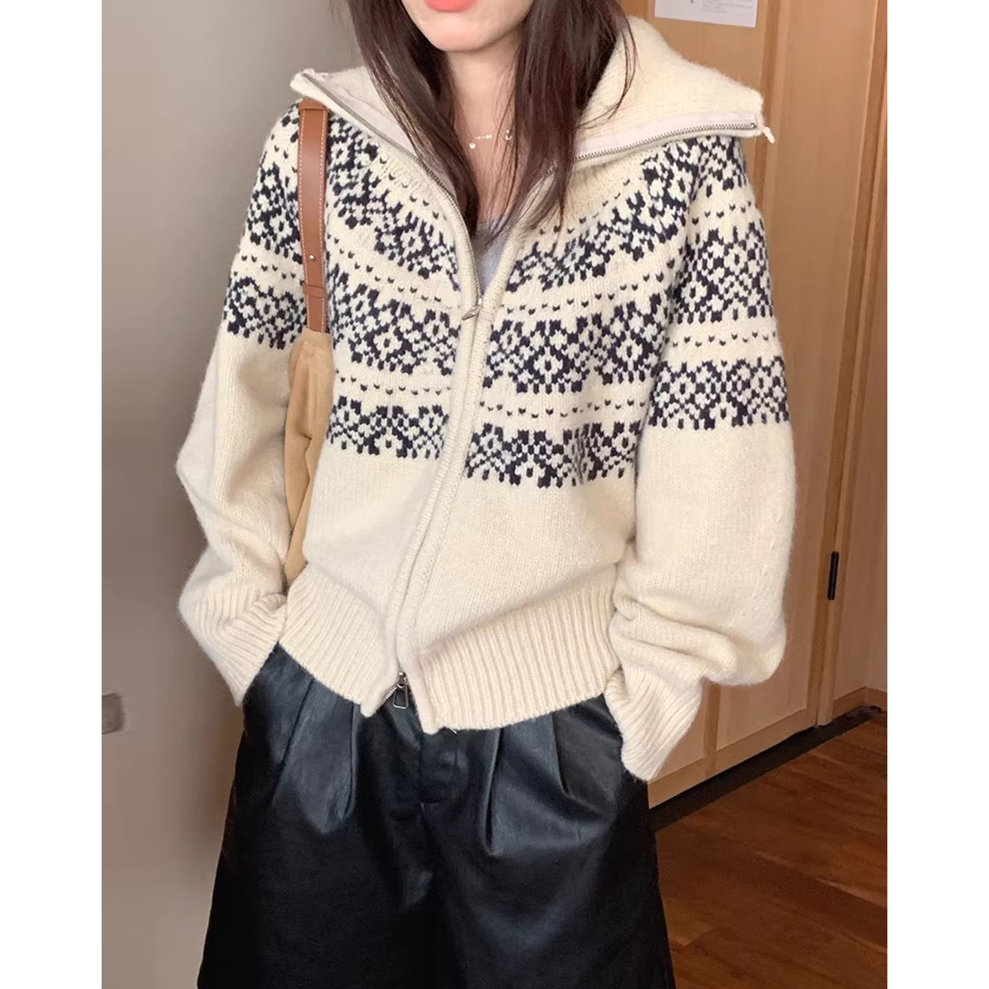 复古费尔岛提花拉链针织毛衣外套