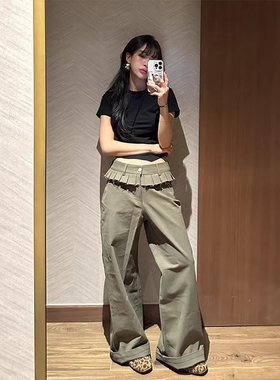 良良家小众设计感百褶假两件休闲裤女春季新款高腰显瘦阔腿长裤子