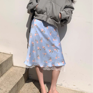 良良家法式碎花蕾丝拼接高腰半身裙女夏季新款减龄百搭中长款裙子