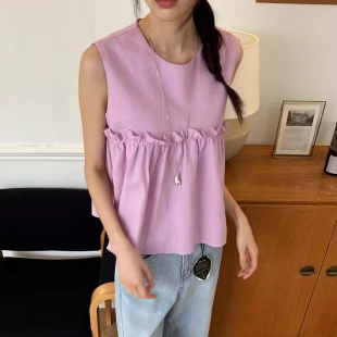 新款 良良家法式 女夏季 衬衫 宽松百搭圆领背心上衣 立体木耳边无袖