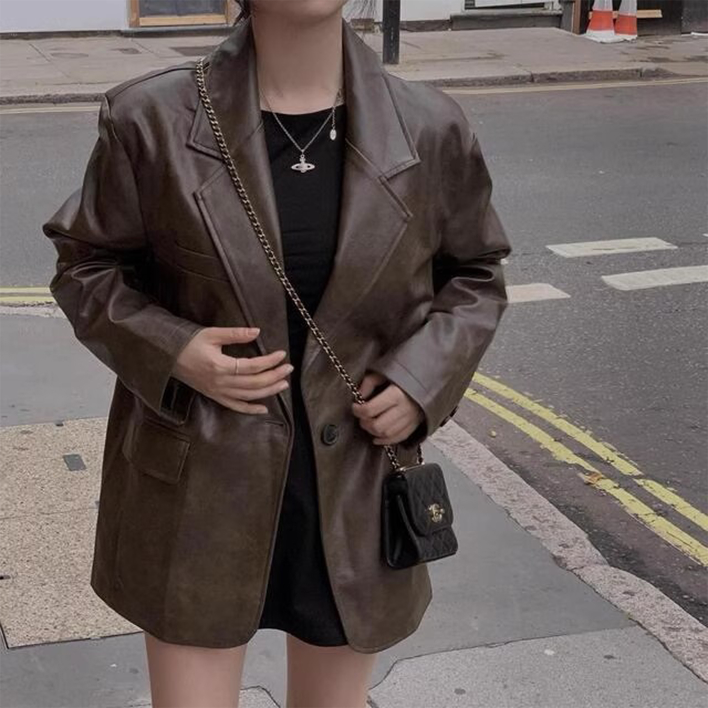 美式复古棕色pu皮西装外套女