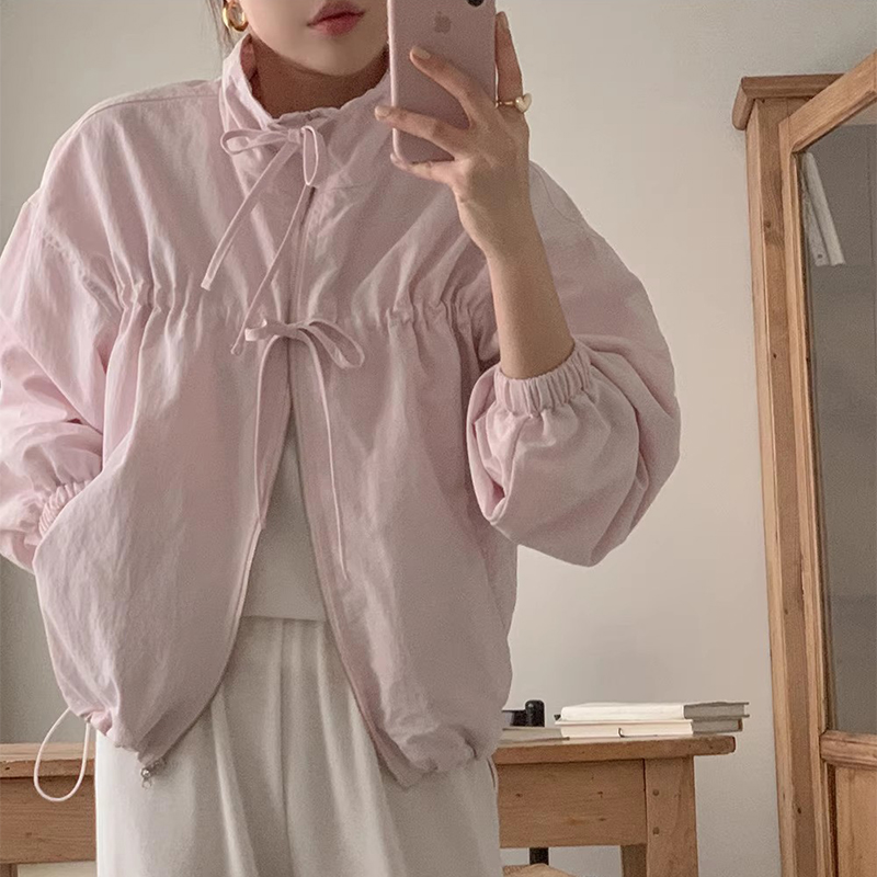 蝴蝶结系带拉链立领防晒短外套女
