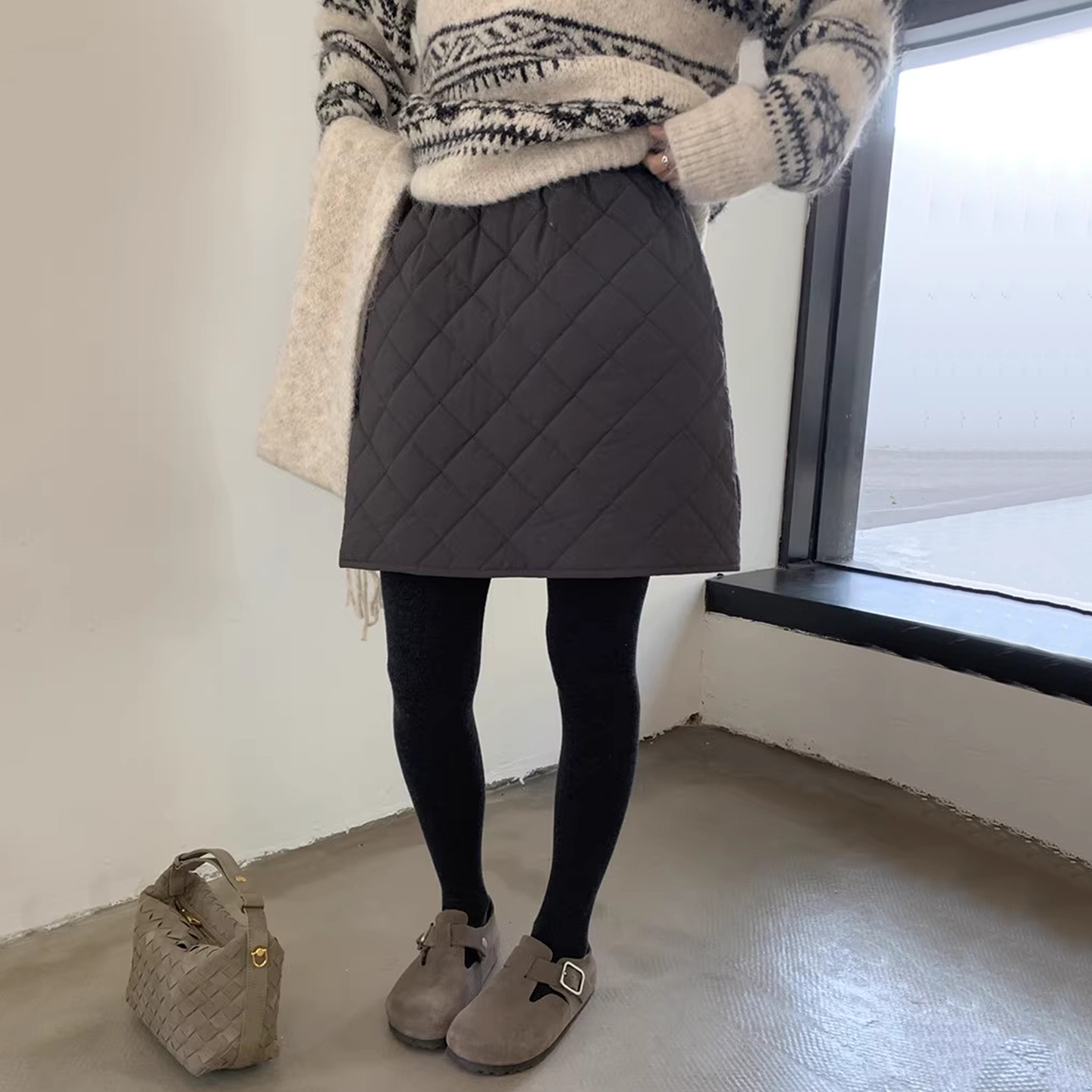 小众设计感菱形格夹棉百搭半身裙