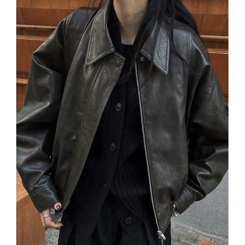 chic翻领拉链BF风机车服皮衣外套